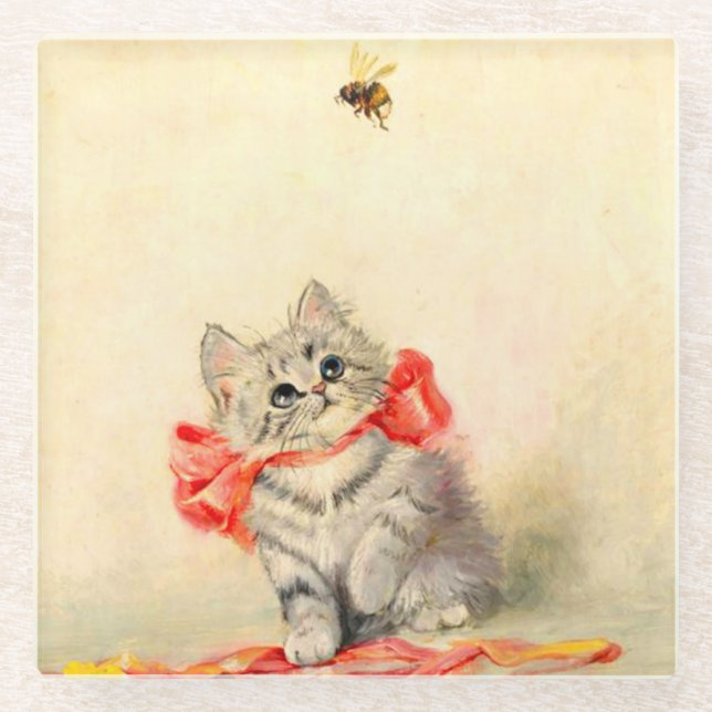Kitten mit einem roten Band Glasuntersetzer (Vorderseite)