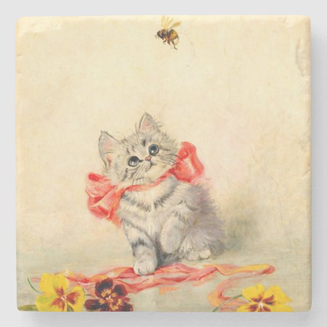 Kitten mit einem roten Band Steinuntersetzer (Vorderseite)