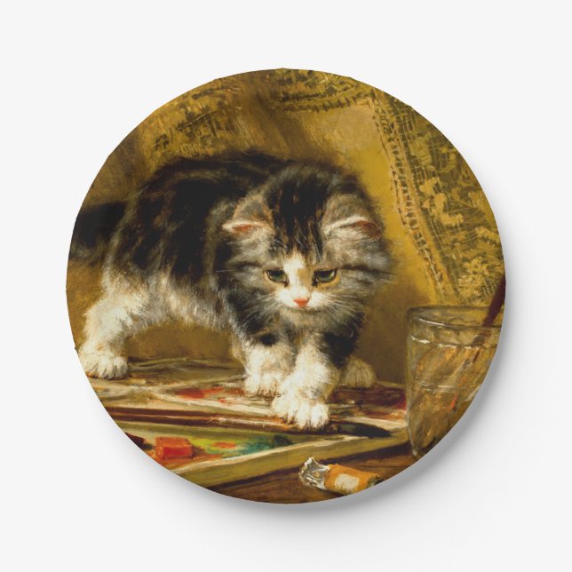 Kitten mit Farbe und Pinsel Pappteller (Vorderseite)