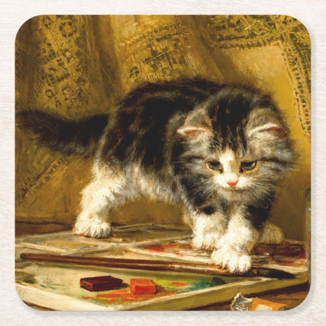 Kitten mit Farbe und Pinsel Rechteckiger Pappuntersetzer (Vorderseite)
