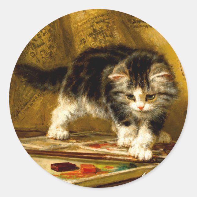 Kitten mit Farbe und Pinsel Runder Aufkleber (Vorderseite)