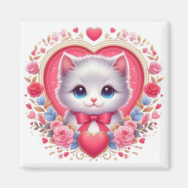 Kitten mit Red Bow mit romantischen Blumenherzen Magnet (Vorne)
