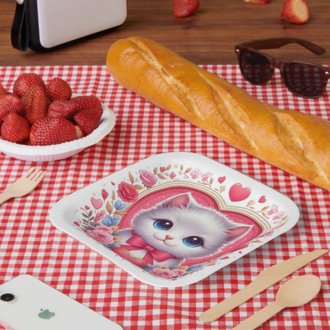 Kitten mit Red Bow mit romantischen Blumenherzen Pappteller (Picknick)