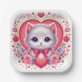 Kitten mit Red Bow mit romantischen Blumenherzen Pappteller