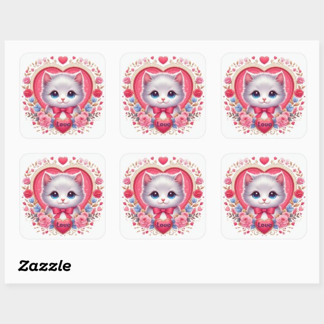 Kitten mit Red Bow mit romantischen Blumenherzen Quadratischer Aufkleber (Blatt)