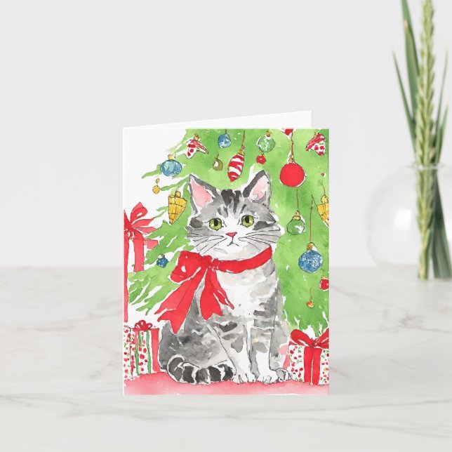 Kitten Noël Watercolor Cartes de voeux (Devant)