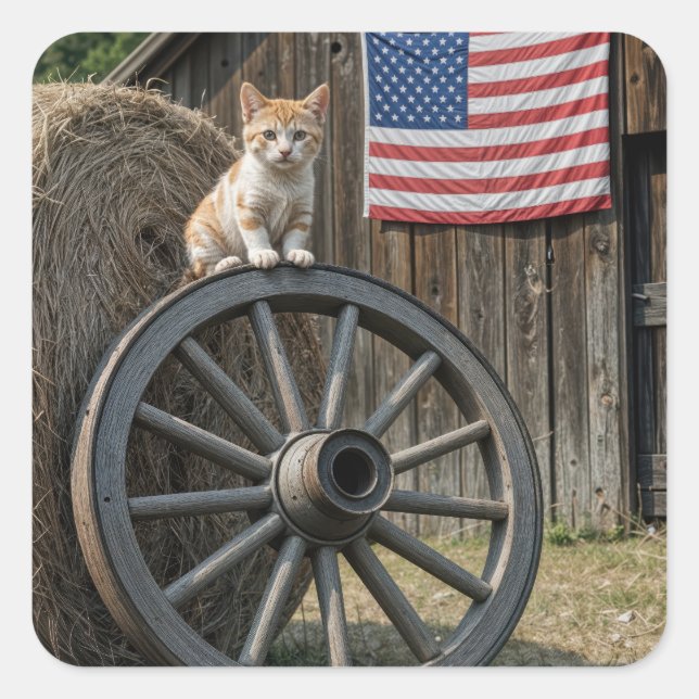 Kitten On an Old Wagon Wheel  Quadratischer Aufkleber (Vorderseite)