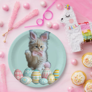 Kitten Photo Bunny Ears Blue Pappteller
