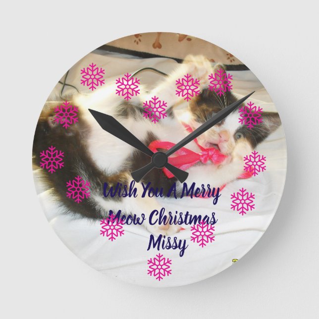 Kitten Photo Text Jingle Meows, Customize,  Runde Wanduhr (Vorderseite)