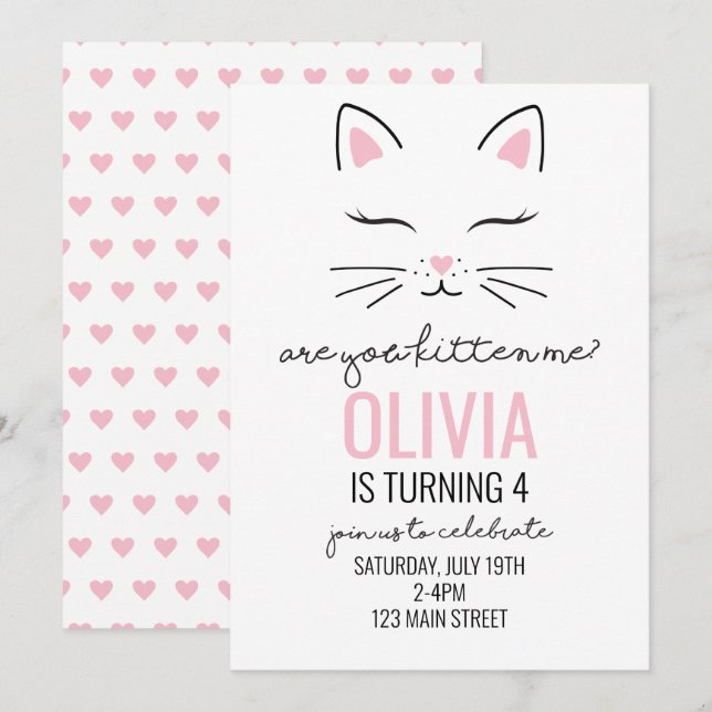 Kitten Pink Hearts Birthday Einladung (Vorne/Hinten)