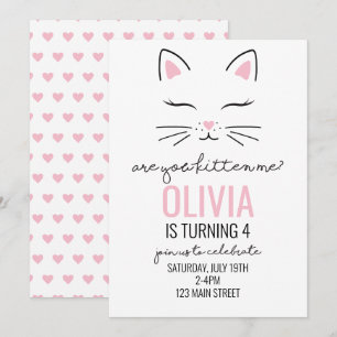Kitten Pink Hearts Birthday Einladung