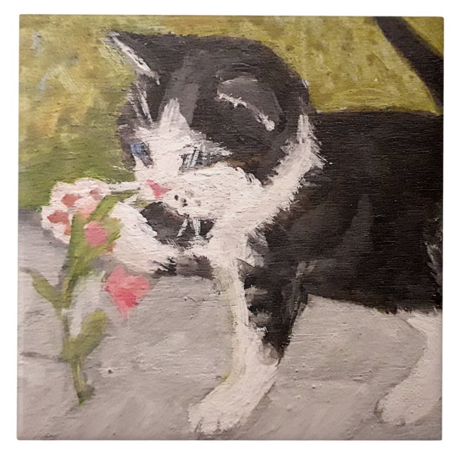 Kitten Playing mit rosa Blume Fliese (Vorderseite)