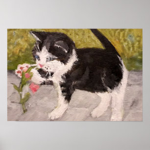 Kitten Playing mit rosa Blume Poster