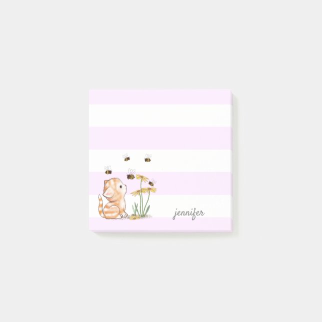 Kitten Post it Notes White Lila Stripes Post-it Klebezettel (Vorderseite)
