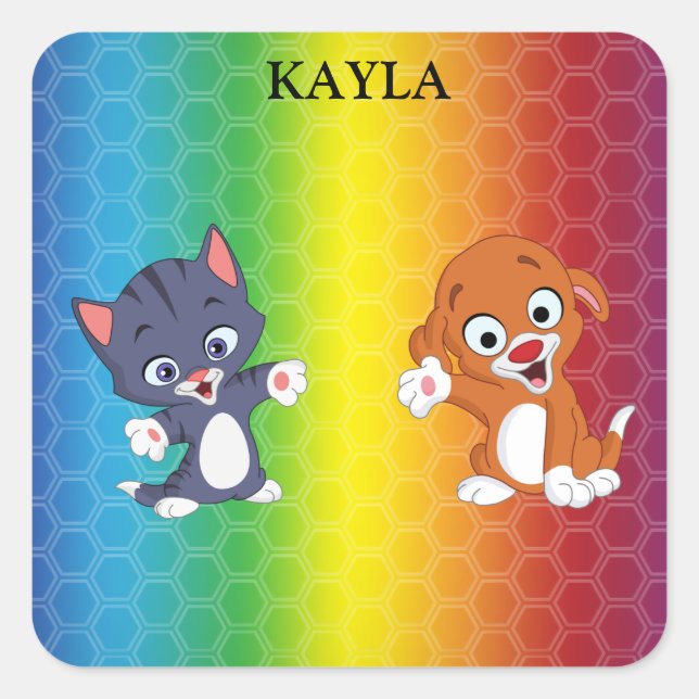 Kitten & Puppy Rainbow Aufkleber. Quadratischer Aufkleber (Vorderseite)