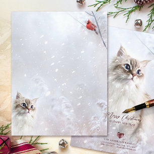 Kitten & Red Kardinal in Snow - 8.5x11" Stationery Briefbogen