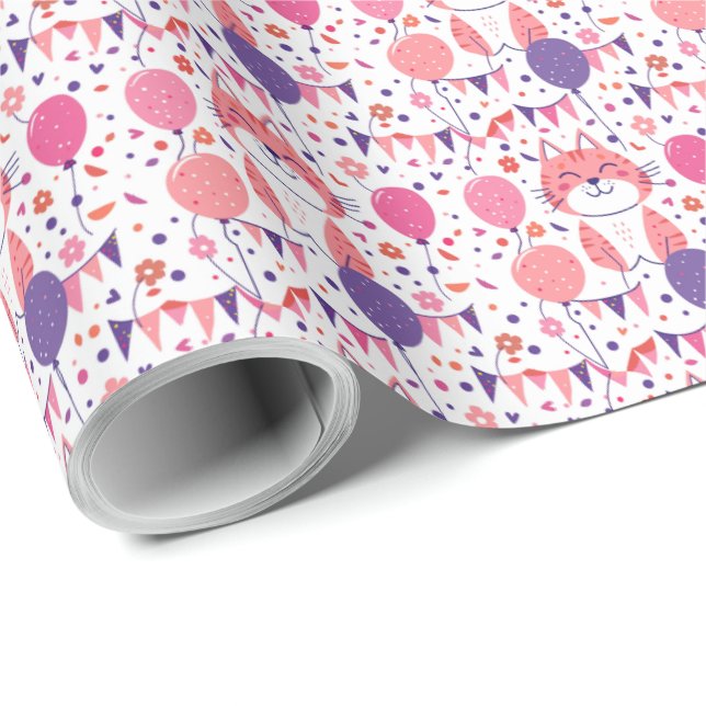 Kitten rose et ballons papier cadeau d'anniversair (Coin rond)