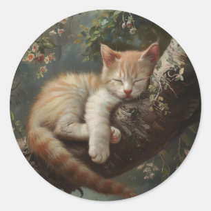 Kitten Schlafen in einem Baum Vintag Runder Aufkleber