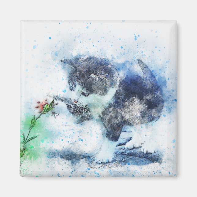 Kitten Spielen mit Blume | ABSTRAKT | Wasserfarbe Magnet (Vorne)