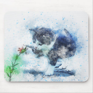 Kitten Spielen mit Blume ABSTRAKT Wasserfarbe Mousepad