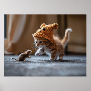Kitten spielt mit einer kleinen Maus Poster