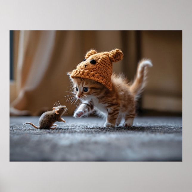 Kitten spielt mit einer kleinen Maus Poster (Vorne)