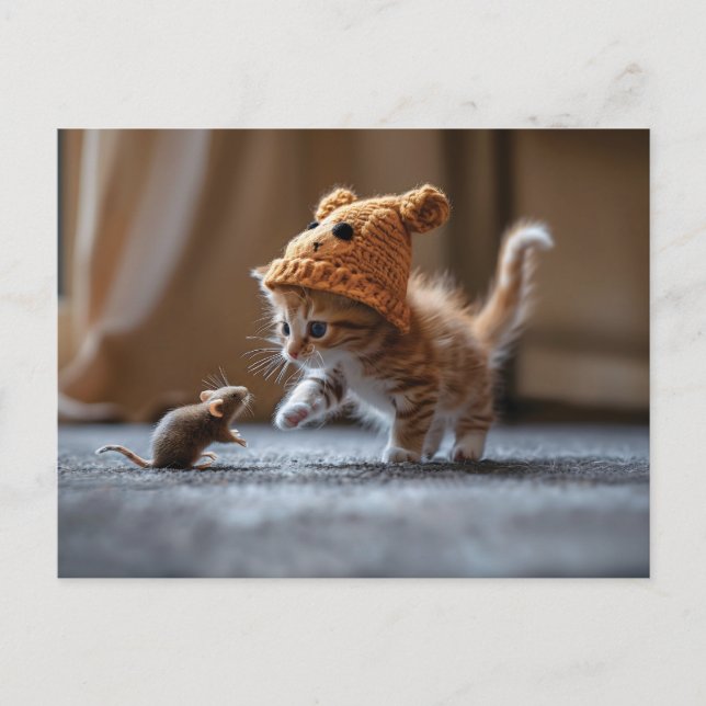 Kitten spielt mit einer kleinen Maus Postkarte (Vorderseite)