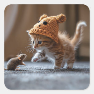 Kitten spielt mit einer kleinen Maus Quadratischer Aufkleber