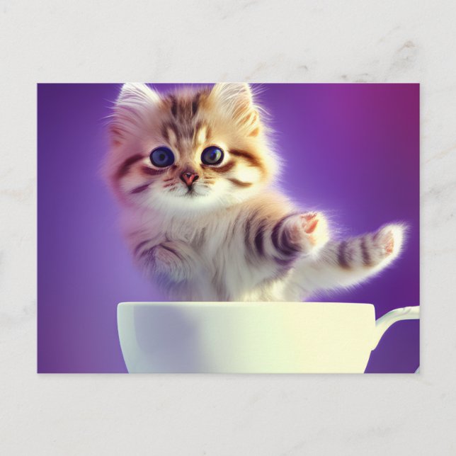 Kitten springt in einen Teacup - Katzenpostkarte Postkarte (Vorderseite)
