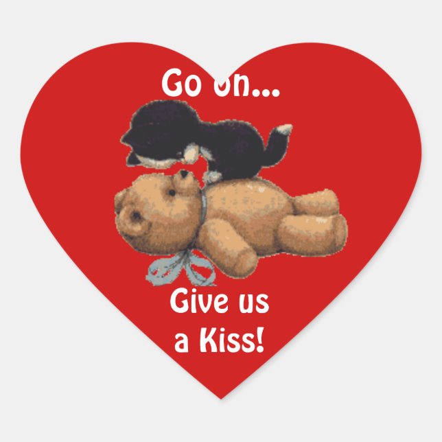 Kitten & Teddy Bear Kissing Fun Heart Stickers (Vorderseite)
