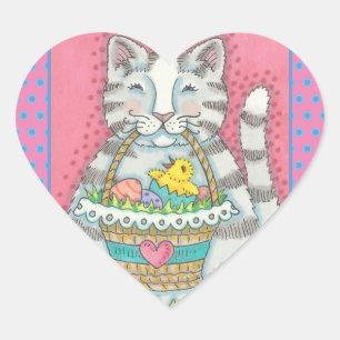 KITTEN UND EASTER EGG BASKET, CAT-STICKER Herz-Aufkleber