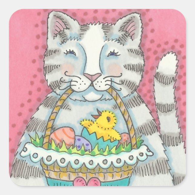 KITTEN UND EASTER EGG BASKET, CAT-STICKER QUADRATISCHER AUFKLEBER (Vorderseite)