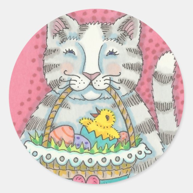 KITTEN UND EASTER EGG BASKET, CAT-STICKER RUNDER AUFKLEBER (Vorderseite)