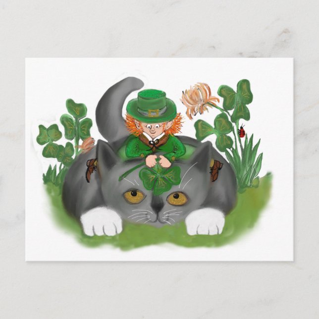Kitten und Leprechaun Suchen Sie einen Vierblättri Postkarte (Vorderseite)