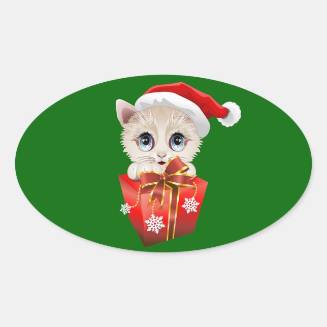 Kitten Weihnachten Weihnachten mit Geschenk Ovaler Aufkleber (Vorderseite)