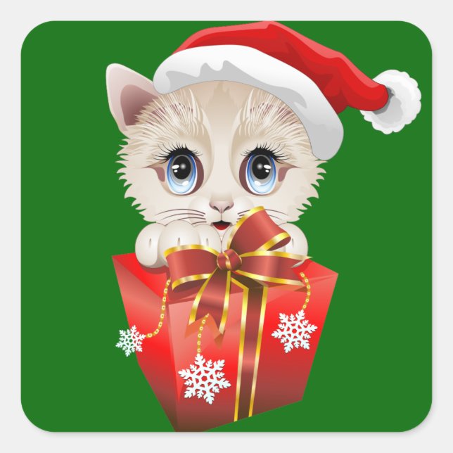 Kitten Weihnachten Weihnachten mit Geschenk Quadratischer Aufkleber (Vorderseite)
