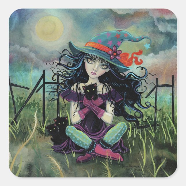 Kitten Witch Fantasy Art von Molly Harrison Quadratischer Aufkleber (Vorderseite)