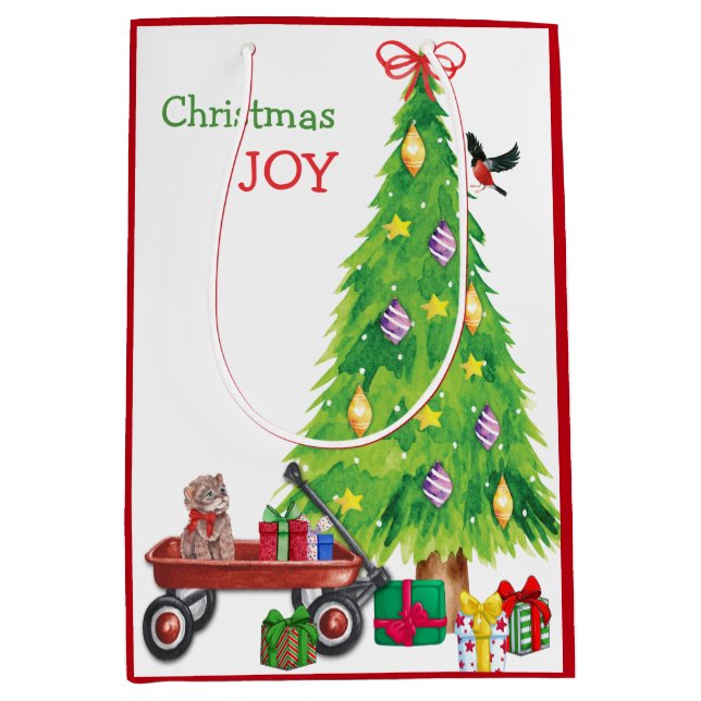 Kittengeschenk in Wagon, Vogel und Weihnachtsbaum Mittlere Geschenktüte (Vorderseite)