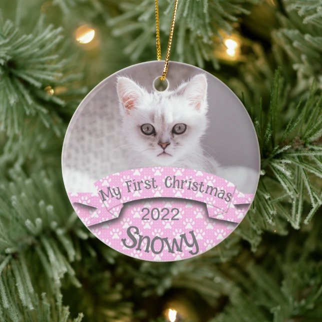 Kitten's erste Weihnachts-Rosa-Pfote drucken Keramik Ornament (Baum)