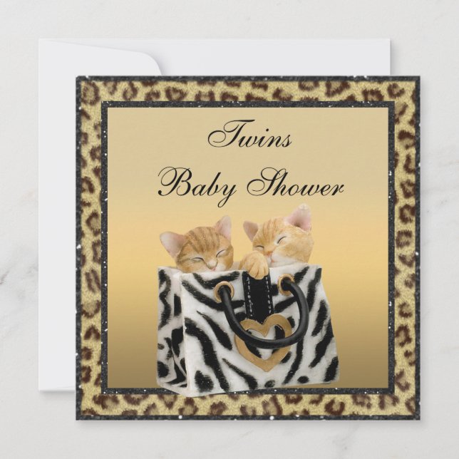 Kittens Leopard Print Neutral Twins Baby Dusche Einladung (Vorderseite)