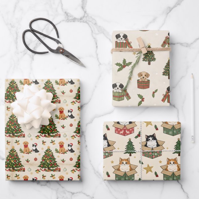 Kittens, Puppies, and Christmas Trees Pattern Geschenkpapier Set (Vorderseite)