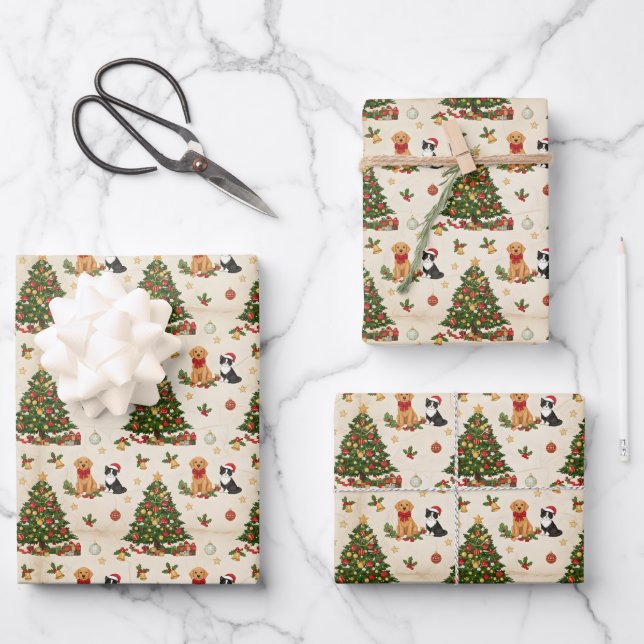 Kittens, Puppies, and Christmas Trees Pattern Geschenkpapier Set (Vorderseite)