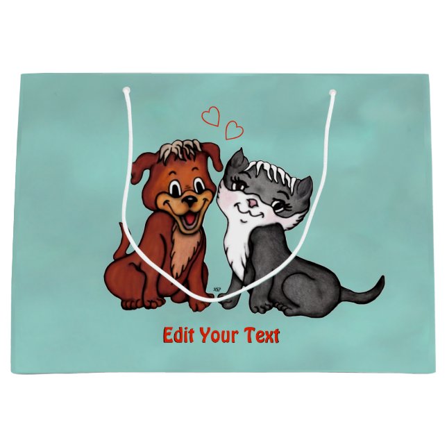 Kitty and Puppy , bearbeiten Sie Ihren Text Große Geschenktüte (Vorderseite)