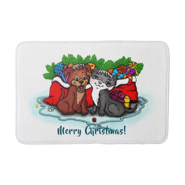 Kitty and Puppy , Happy XMas Badematte (Vorderseite)