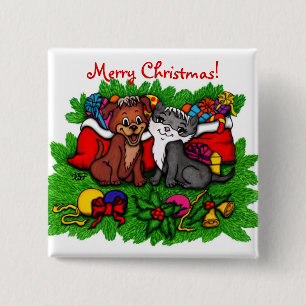 Kitty and Puppy , Happy XMas Button