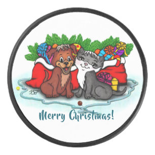 Kitty and Puppy , Happy XMas Eishockey Puck