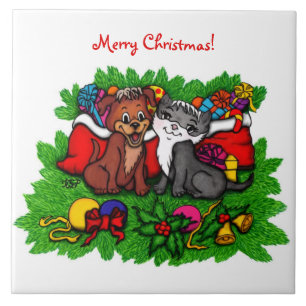 Kitty and Puppy , Happy XMas Fliese