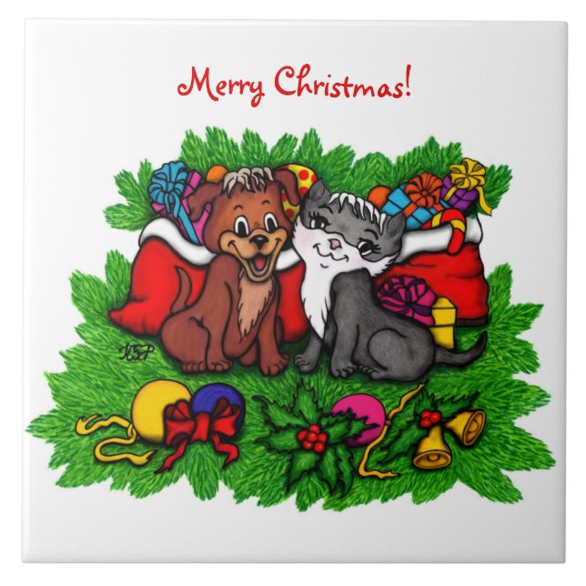Kitty and Puppy , Happy XMas Fliese (Vorderseite)