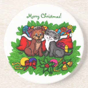 Kitty and Puppy , Happy XMas Getränkeuntersetzer