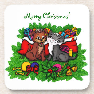 Kitty and Puppy , Happy XMas Getränkeuntersetzer